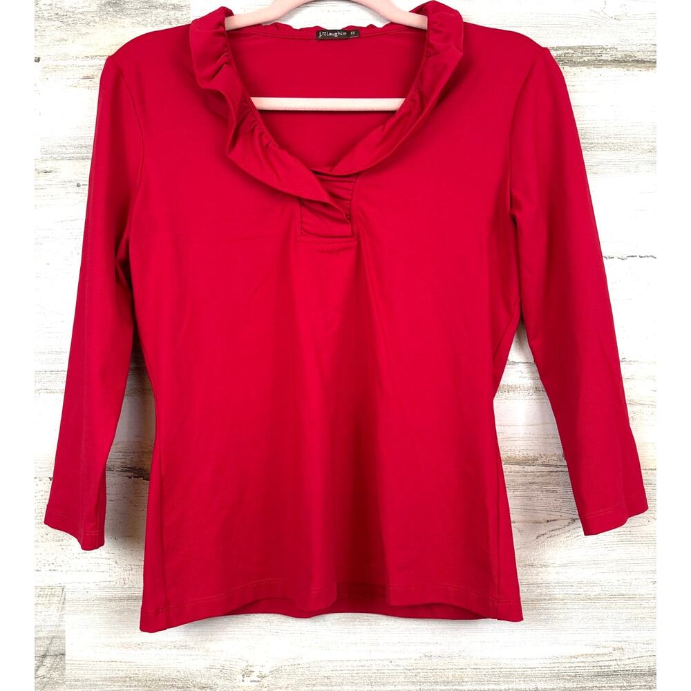J. McLaughlin Catalina Cloth Ruffle Neck Top Womens XS Red Preppy Chic